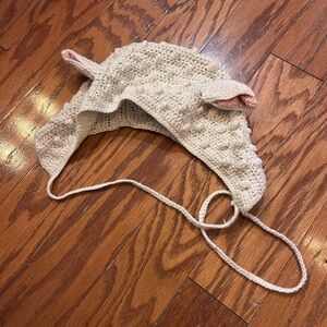 Kids Cream Crochet Earflap Hat with Pink Accents
